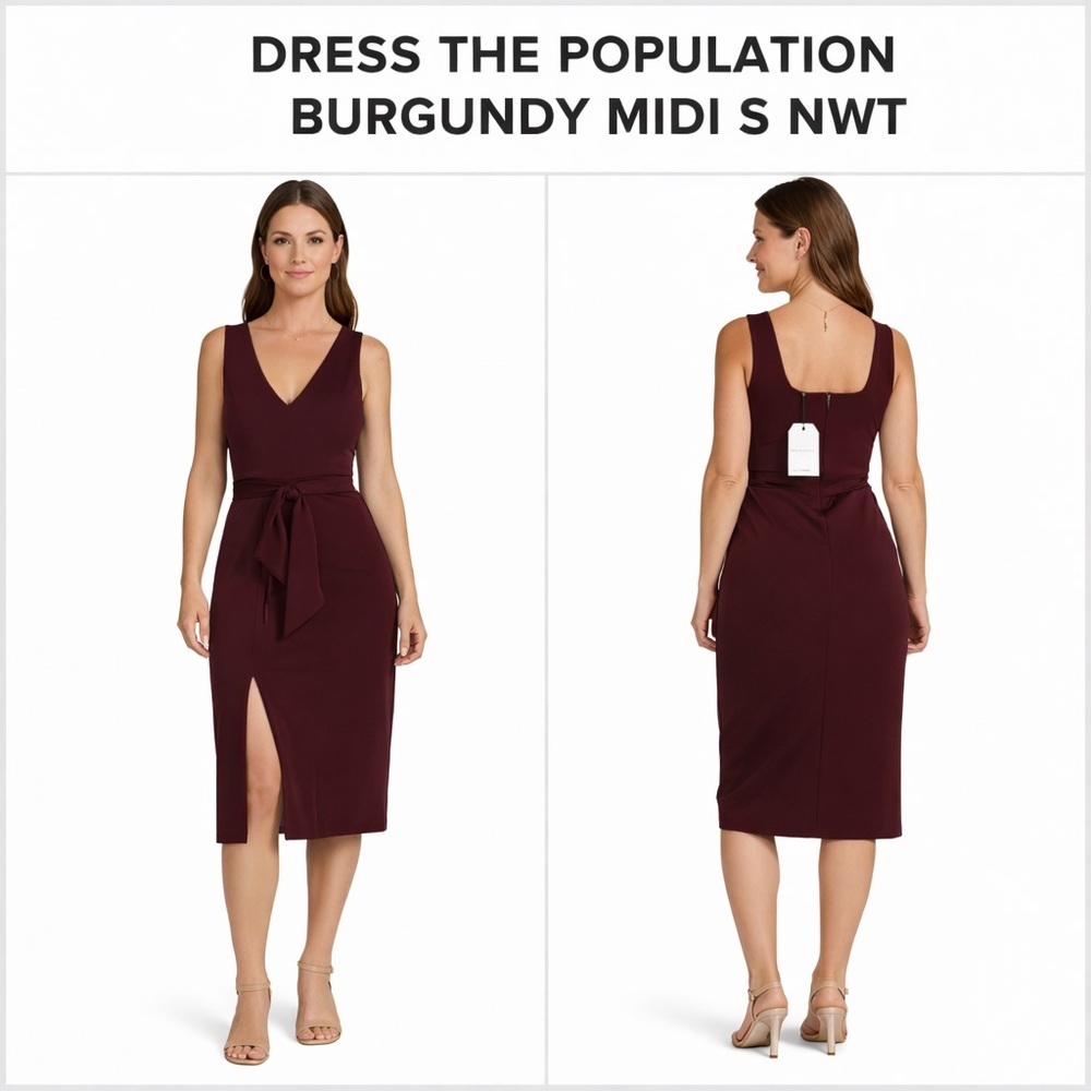 DRESS THE POPULATION BURGUNDY MIDI S NWT